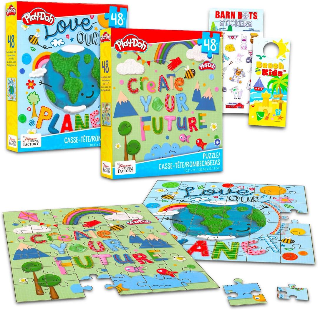 Play-Doh Jigsaw Puzzle Set - Bundle with 2 Assorted 48 Piece Puzzles, Stickers and More | Play Doh Playset for Kids, Boys, Girls, Toddlers