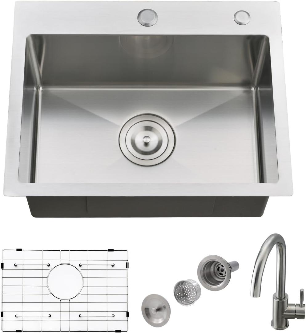 Drop In Kitchen Sink with Faucet Combo, 21 x 18 Inch Single Bowl Outdoor Kitchen Sink 18 Gauge Stainless Steel Handmade RV Wet Bar Prep (Brushed Nickel)