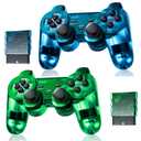 Burcica Wireless Controller for PS2 Play 2 Double Vibration 2 Clear Blue and Clear Green