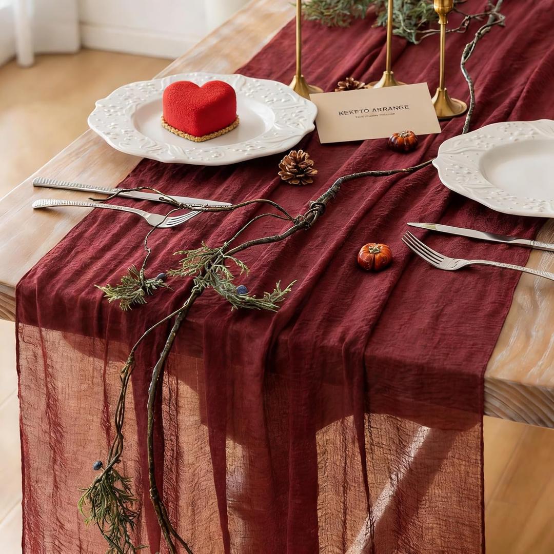 Keketoarrange Burgundy Table Runner Valentines Decor Red Cheesecloth Gauze 120 Inch 10 FT Rustic Boho Cheese Cloth Runner for Wedding Baby Bridal Shower Party Long Sheer Spring Home Decorations