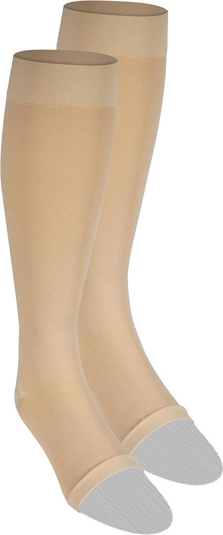NuVein Medical Compression Stockings, 20-30 mmHg Support for Women & Men, Knee Length, Open Toe, Beige, Medium (Medium (1 Pair)