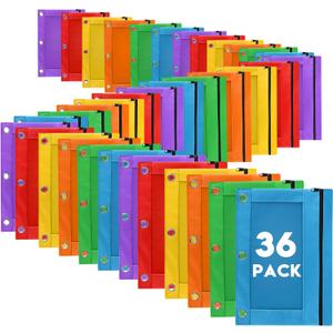 Pencil Pouch for 3 Ring Binder, 36 Pack Bulk Pencil Bags with Zipper, 6 Colored Pencil Case for Classroom School Office Supplies, Large Sturdy and Durable Cloth Pencil Pocket for 3 Holder Binder, 9.8 inches x 7.1 inches