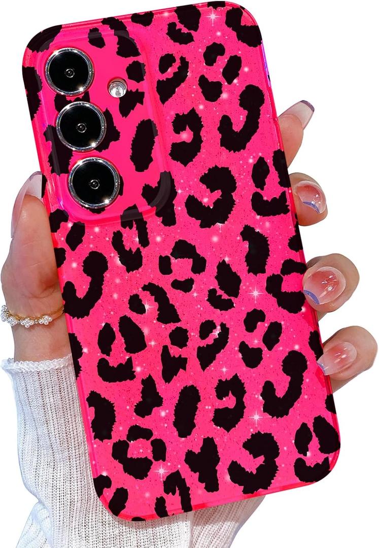 for Samsung A36 5G Case Glitter, for Galaxy A37 5G Phone Case Pink for Women Girls Girly Cute Cheetah Printed Soft Phone Case for Samsung Galaxy A36 & A37, Black Leopard