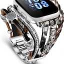 Compatible with Apple Watch Band 40mm for Women, Boho Bracelet for Apple Watch 38mm 41mm, Multilayer Leather Wrap Braided Strap for iWatch Series 10(42mm) Leopard Black