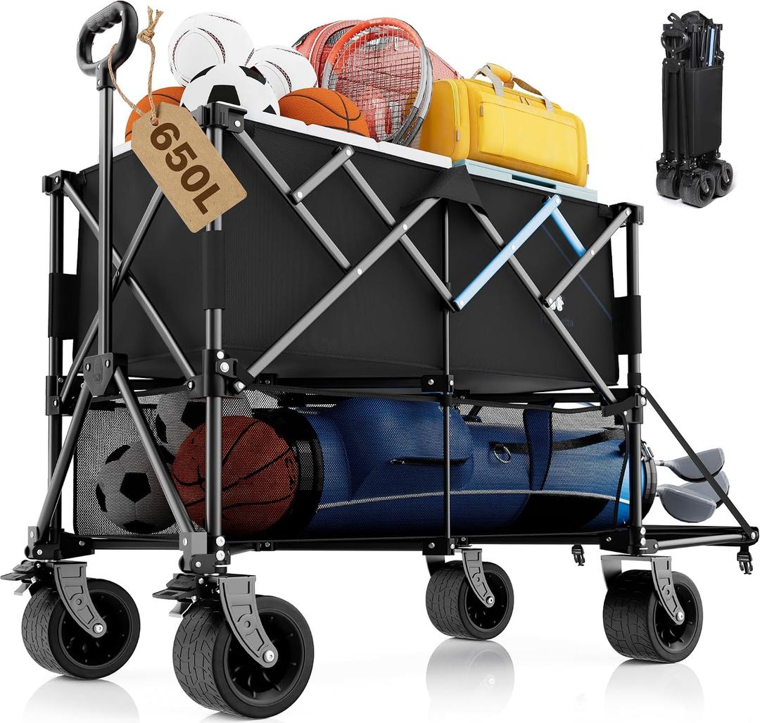 Homebetta 52" Heavy Duty Double-Layer Wagon with Brakes,560LBS Double Decker Wagon,650L Collapsible Wagons Carts with All-Terrain Big Wheels for Sports,Camping,Fishing,Transport