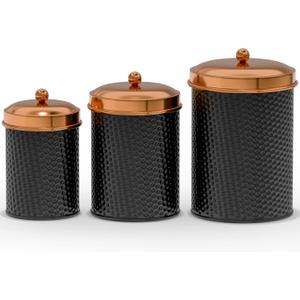 Amici Home Ashby Canister Set for Kitchen Counter | Food Storage Containers with Lids | Kitchen Canisters with Vintage Design | Black/Copper Canister Set of 3 (Small 24 Oz, Medium 38 Oz, Large 70 Oz)