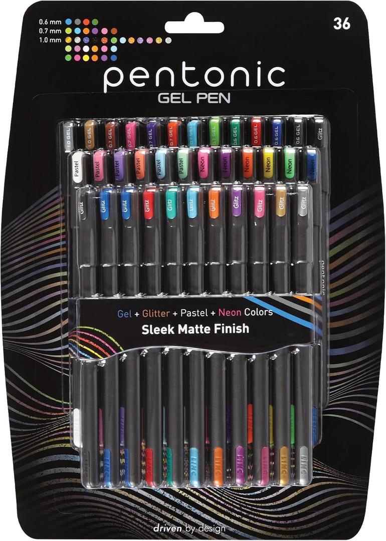 Pentonic Gel Pens, 36 Count, 36 Assorted Colors (Assorted Color, Neon, Pastel & Glitter), Medium & Fine Point, Smooth Writing For Journaling (1002358)