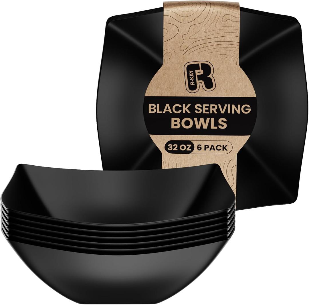 R-kay 6 Pack Square Plastic Serving Bowls - Black Plastic bowls 32 Oz - Premium Black Disposable bowls Heavy Duty For Weddings Catering And Birthday parties