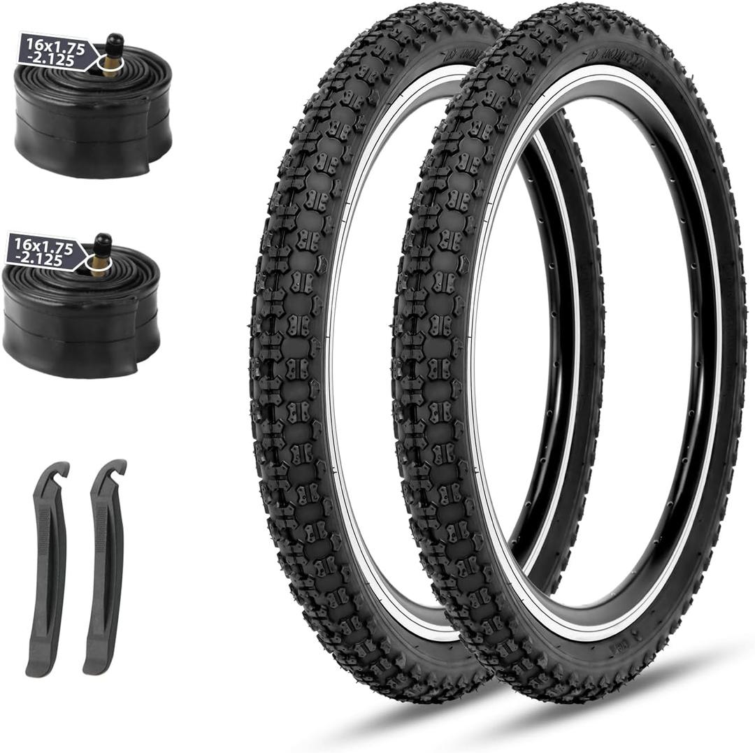 MOHEGIA Kids Bike Tires Replacement Set: 2-Pack 16x2.125 inch (57-305 mm) Folding Bicycle Tires and Pair 16 inch Inner Tubes Schrader Valve with Tire Levers