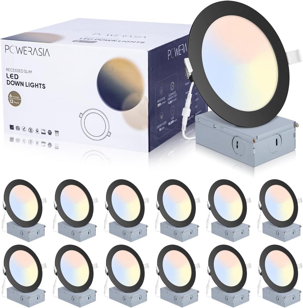 12 Pack Recessed Lighting 6 Inch with Junction Box, 5CCT 6 Inch Black LED Recessed Lights Dimmable 2700K/3000K/4000K/5000K/6000K, 15W1200lm Ultra Thin Recessed Lighting - ETL and Energy Star Certified