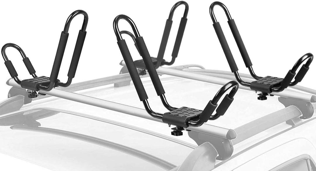 Leader Accessories Kayak Rack 2 Pair J Bar for Canoe Surf Board SUP On Roof Top Mount Crossbar with 4 pcs Tie Down Straps