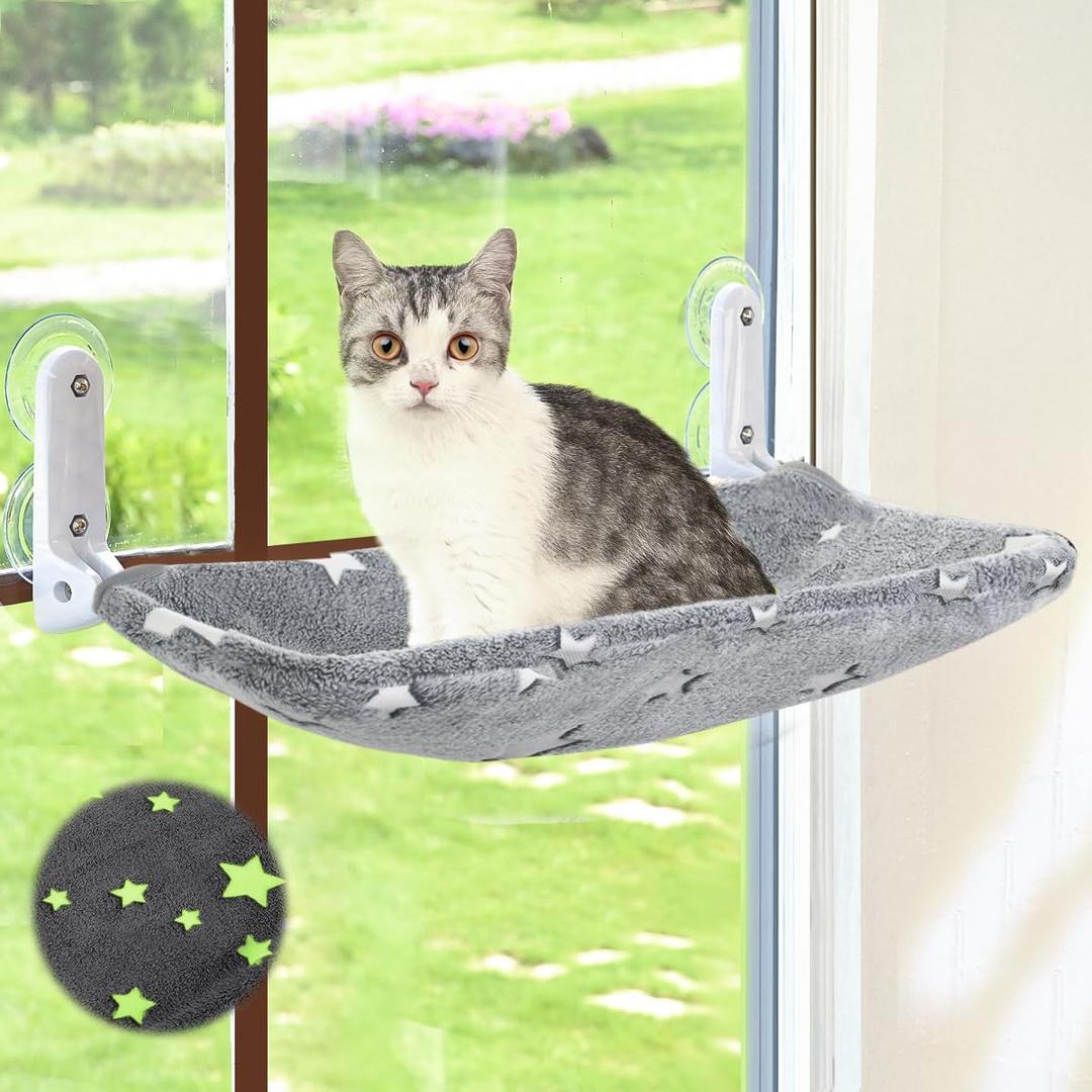 Zoratoo Cat Window Perch, Glow in The Dark Cordless Foldable Pet Hammock Bed for Window with Sturdy Metal Frame, Glowing Stars Pattern Resting Seat for Indoor Cats (Stars - L)