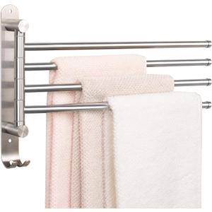 Swivel Towel Rack, Thicken SUS304 Stainless Steel 4-Arm Towel Bar, Space Saving Wall Mounted Towel Holder with Hook, Rustproof Swing out Towel Hanger for Bathroom, Kitchen (Brushed Nickel)