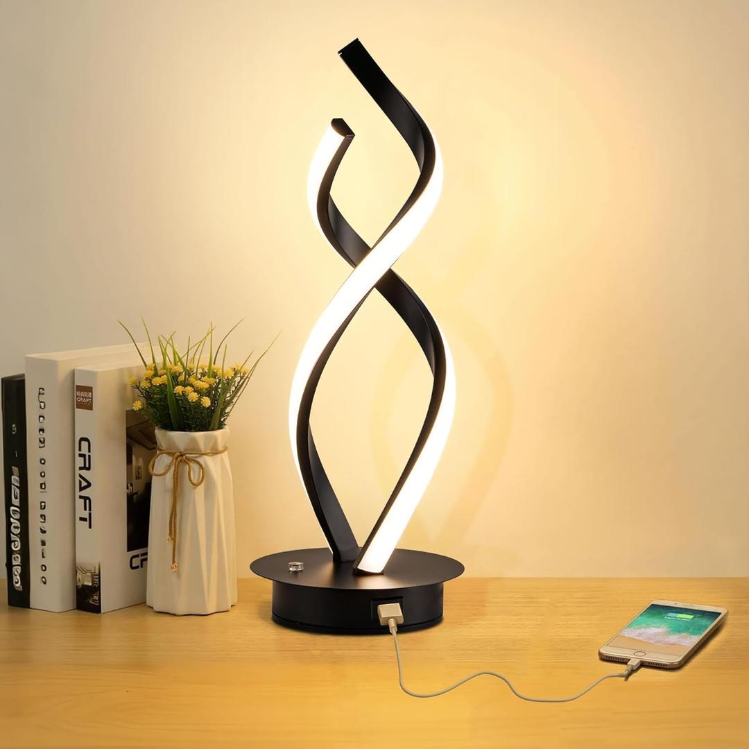 Modern Spiral Touch Lamp - Warm White LED Nightstand Light, Adjustable Brightness for Home and Office, Black
