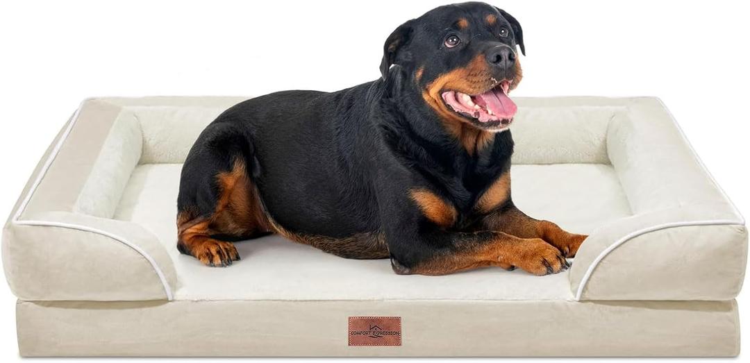 Comfort Expression Orthopedic Dog Bed for Extra Large Dogs 48x30 Inch, Waterproof Egg Crate Foam XXL Pet Bed with Removable Bolsters, Dog Couch with Washable Cover & Non-Slip Bottom, Beige