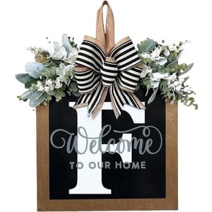 Last Name Year Round Front Door Wreath Front Porch Decoration 26 Letter Welcome Sign with Eucalyptus Garland and Bow Spring Wreaths for Front Door Outside Hanger GarlandF