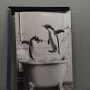 OIQArtOIQ Funny Bathroom Framed Wall Art Black and White Animal Canvas Wall Art Prints Penguin in Bathtub Pictures Wall Decor Modern Minimalist Humorous Artwork For Restroom