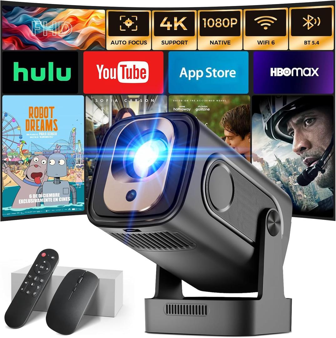 Projector [Auto Focus & 1080P Native & Built-in Apps] Projector 4K Support Auto Correction WiFi 6 Bluetooth 5.4 Mini Portable Projector Compatible with HDMI/TV Stick/Memory Stick/Laptop, Dark