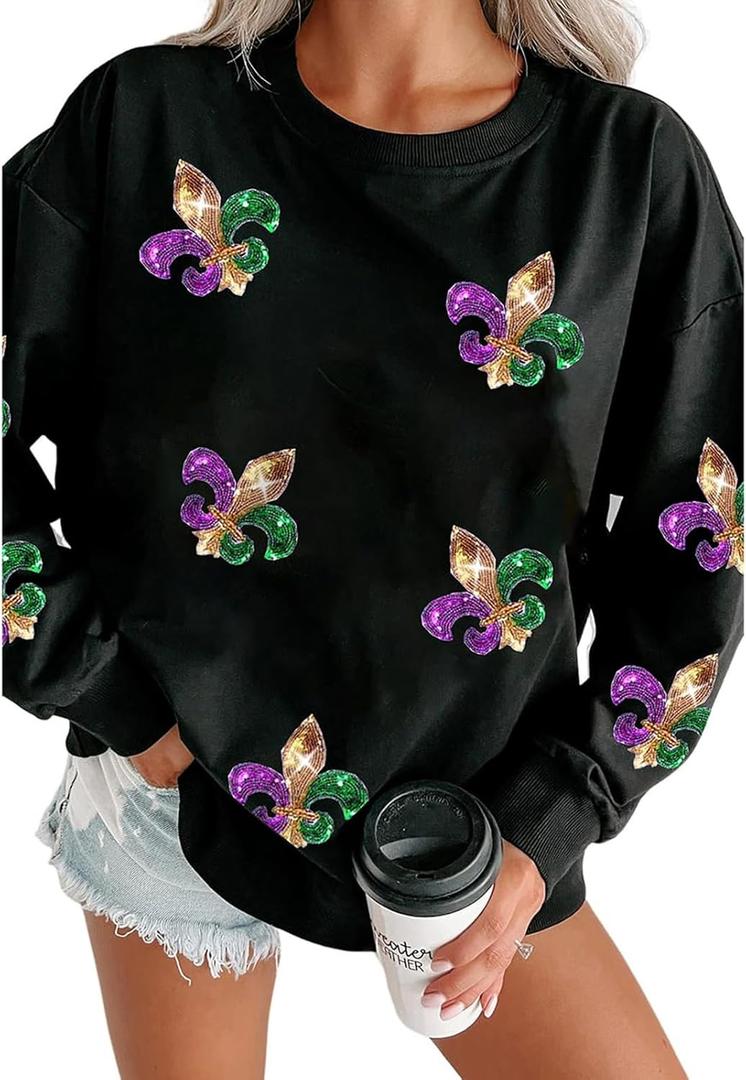 SELINK Womens Mardi Gras Sweatshirt Oversized Crewneck Sequin Long Sleeve Casual Pullover Tops (X-Large, Black)