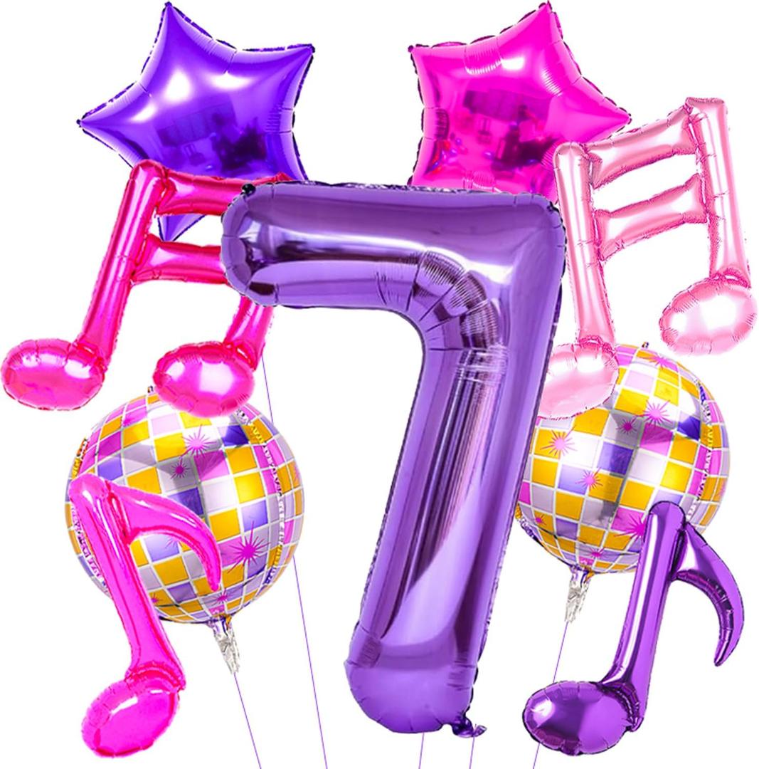 9 Pcs Kpop Birthday Decorations, Kpop Music Balloons Hot Pink Purple Music Note Balloons 32 Inch Purple Number 7 Balloon for K pop Music Themed Birthday Party Decorations