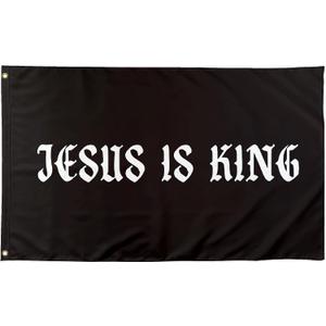Jesus Is King Inspirational Flags Funny Cool Meme Flags Banner 3X5 Ft Room Guys Men Bedroom Mancave College Dorm Indoor Wall Girls Tapestry Hangings Black