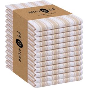 Native Fab 100% Cotton Beige Kitchen Towels - 16x26 inches - Set of 12 - Basket Weave Stripe Dish Towels for Cleaning, Drying Dishes, Absorbent Dish Cloths Set with Hanging Loop - Beige White