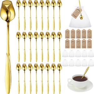 Roshtia 50 Sets Rose Flower Shaped Tea Spoons Wedding Favor for Guests 5.2" Gold Flower Dessert Mini Teaspoon with 50 Gift Tag and 50 Organza Bag for Tea Party Bridal Shower Guest Souvenir