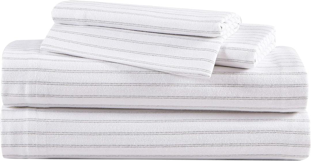Eddie Bauer - Flannel Sheets Queen Size, Anti-Pilling & Wrinkle Resistant Cotton, Touchably Soft for All-Season Comfort - Bed Sheets with Matching Pillowcases & Fitted Sheet (Trail Stripe Grey)