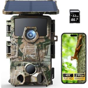 CEYOMUR 4K Solar Trail Camera, 60MP WiFi 6 Trail Camera with Night Vision 0.1s Trigger Motion Activated, Game Camera with 5200mAh Built-in Lithium Battery for Wildlife Observation with 32GB SD Card