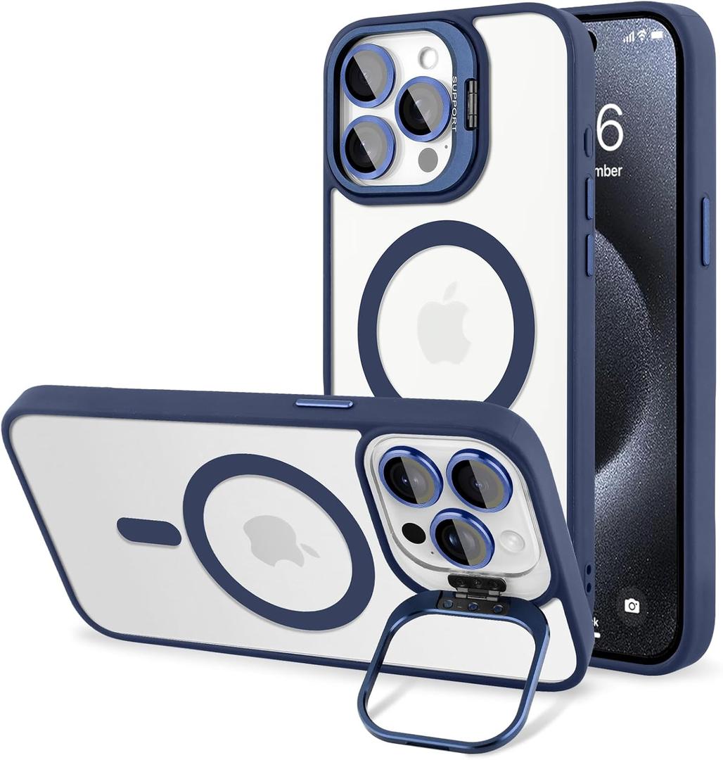 Magnetic Case for iPhone 15 Pro,Compatible with MagSafe,Camera Cover Kickstand,Clear Slim Shockproof Phone Case,Scratch-Resistant Anti-Yellowing Lightweight Durable Design,RoyalBlue