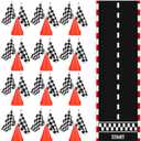 37 Pcs Race Car Party Decorations, 12 Orange Traffic Cones with Holes on Top, 24 Checkered Flags, 1 Racetrack Floor Runner,for Race Car Birthday Party Table Centerpiece Supplies