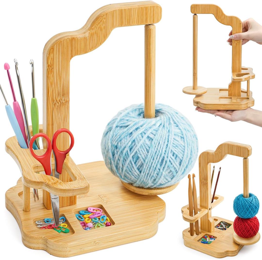 Yarn Holder for heting, Bamboo Yarn Ball Holder, Rotating Magnetic Yarn Spinner, Pendulum YarnCroc Dispenser Organizer with Large Storage, Crochet Gift for Knitting Lovers, Natural Bamboo