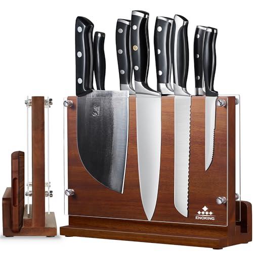 ENOKING Magnetic Knife Block with Acrylic Shield 12 x 9 Inches, Double Side Kitchen Knife Holder without Knives- Acacia Wood Universal Knife Storage Organizer with Powerful Magnet for Kitchen Counter