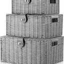 Homepeaz Set of 3 Woven Storage Basket Bin Wicker Hamper Stackable Box with Lid & Lock, Container Tote Cube Organizer for Nursery, Baby Toiletry, Diaper, Toys, Home Closet, Laundry, DVD, Book (Grey)