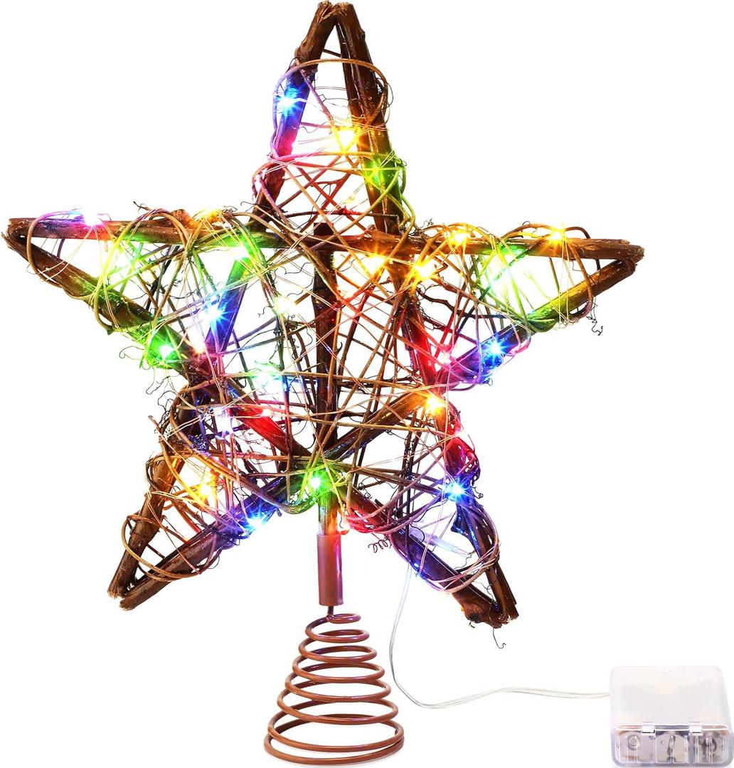 Christmas Star Tree Toppers Rattan Natural Xmas Tree Topper Lighted with 10 Inch 50led Warm White Lights, Rustic Star Treetop for Christmas Ornament Indoor Party Decoration