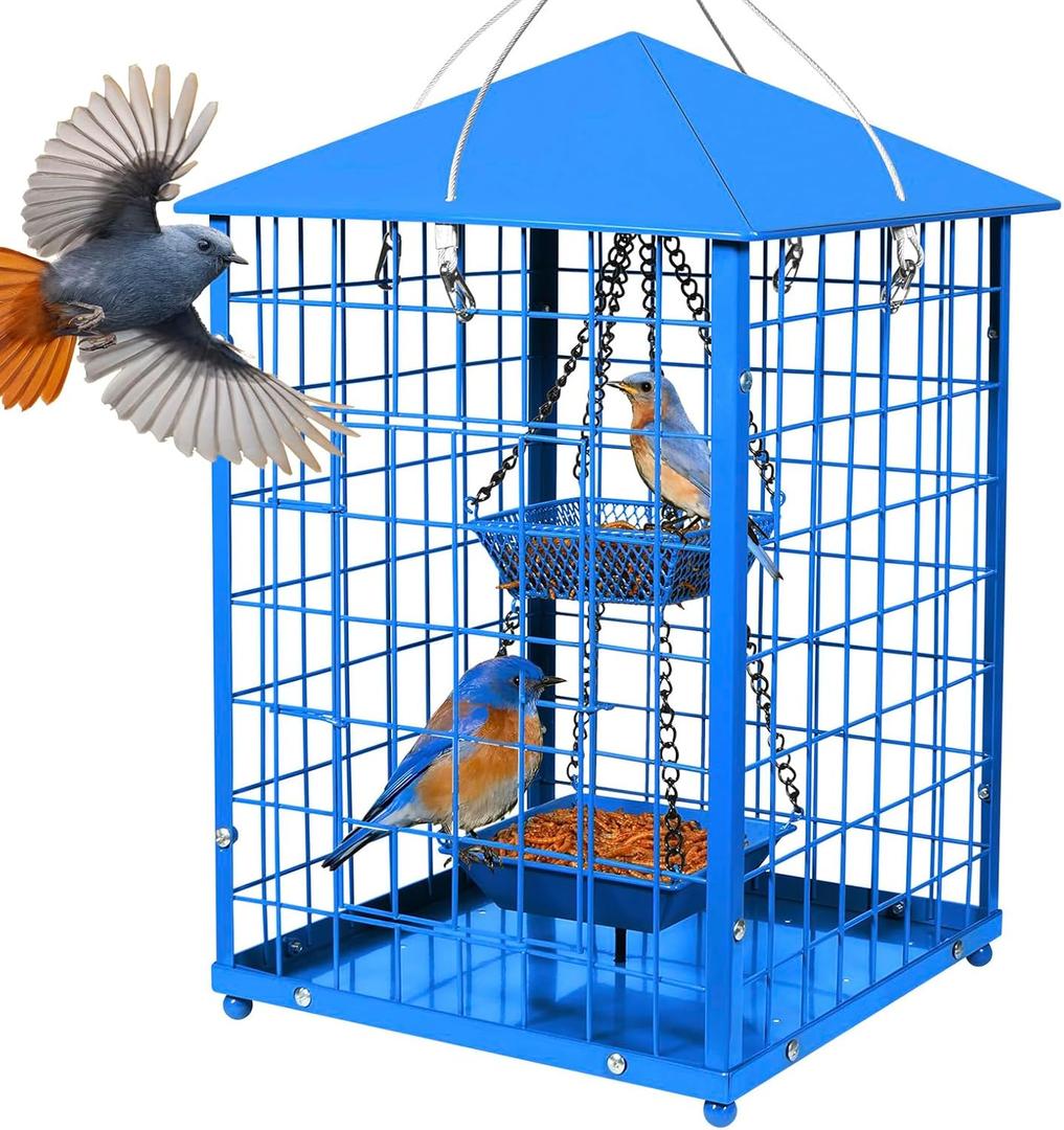 Mealworms Bird Feeders for Bluebirds - Metal - Huge Caged Squirrel-proof Bird Feeders with 2 Cups, DIY Wild Bird Feeders Outdoor Hanging (Blue), Attract Small Birds, 2lbs Seed Capacity+1 Mealworms Cup