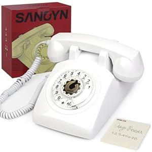 Sangyn Rotary Landline Phones 1960s Old Style Retro Corded Telephone with Mechanical Ringer for Home Office Desk White