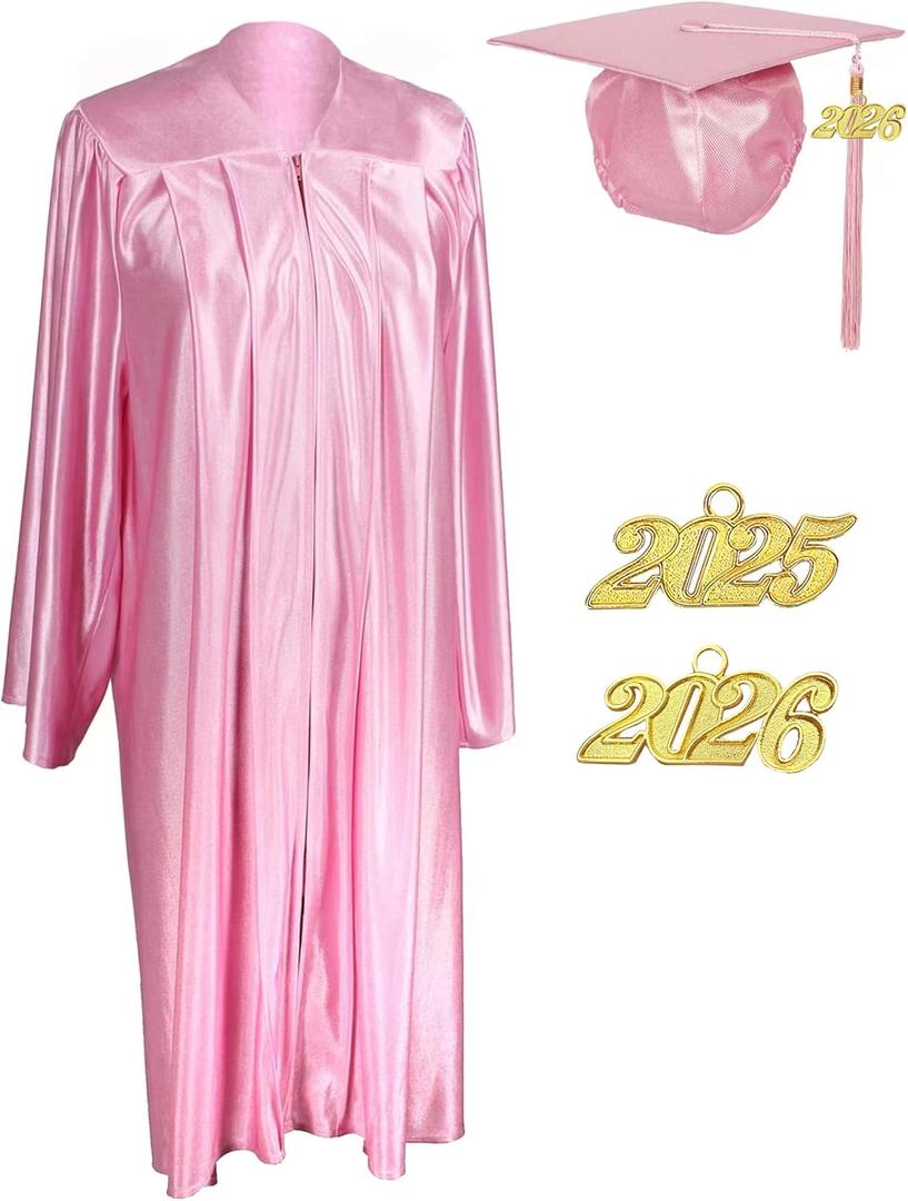 MyGradDay Unisex Adult Shiny Graduation cap and gown Tassel 2025 and 2026 Year Charm Package (Pink, M)