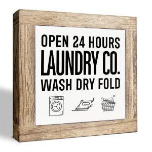 Open 24 Hours Laundry Co. Sign, Laundry Room Sign, Rustic Farmhouse Tabletop Decor for Home Bathroom, Funny Washing Room Wall Art Signs, Decorative Wooden Plaque Signs