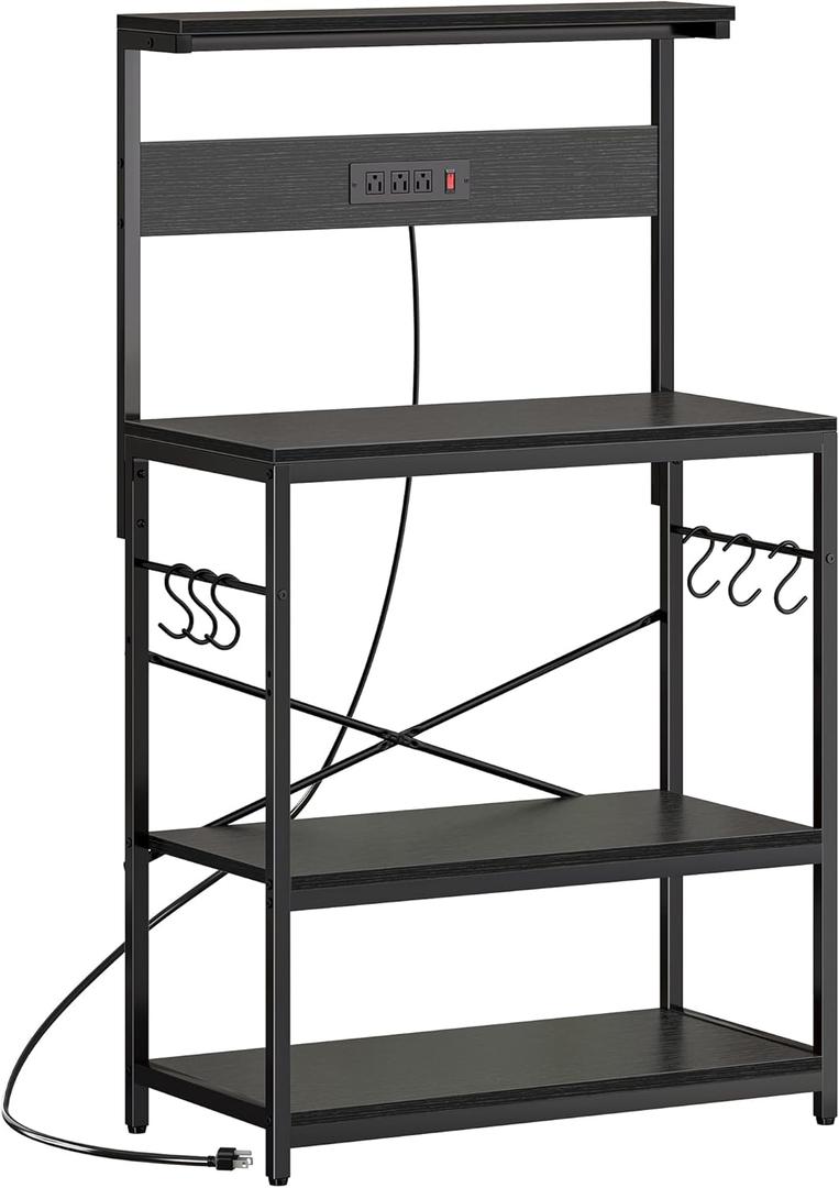 SUPERJARE Bakers Rack with Power Outlets, Microwave Stand, 31.5 X 16.5 Inch Larger Desktop, Kitchen Storage Rack with Adjustable Middle Shelf, 6 S-Shaped Hooks, Coffee Bar Stand, Black