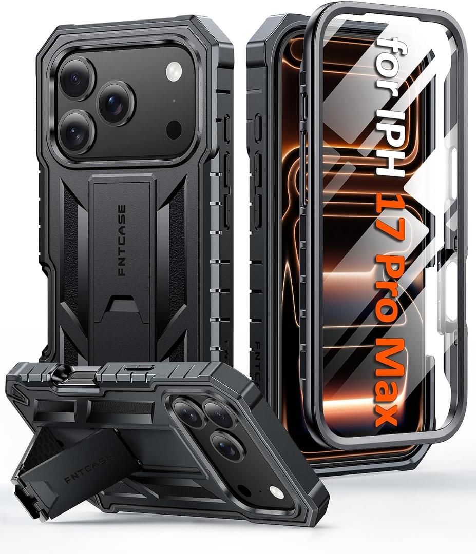 FNTCASE for iPhone 17 Pro-Max Case: Military Grade Drop Proof Protection Mobile Cover with Kickstand | Matte Textured Rugged Shockproof TPU | Protective Sturdy Phone Case - 6.9 inch Black