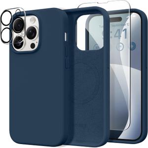 GONEZ for iPhone 14 Pro Max Case Silicone, Compatible with MagSafe, with Screen Protector + Camera Lens Protector, Liquid Silicone Shockproof Protective Phone 14 ProMax Case 6.7", Dark Blue
