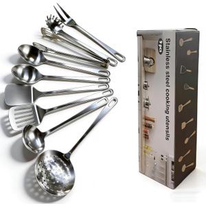 9 Pcs Cooking Utensils Set, Stainless Steel Kitchen Utensils, Heat Resistant Metal Kitchen Tools Include Solid & Slotted Turner Wok Spatula, Serving Spoon, Ladle, Pasta Server, Meat Fork, Tongs Silver