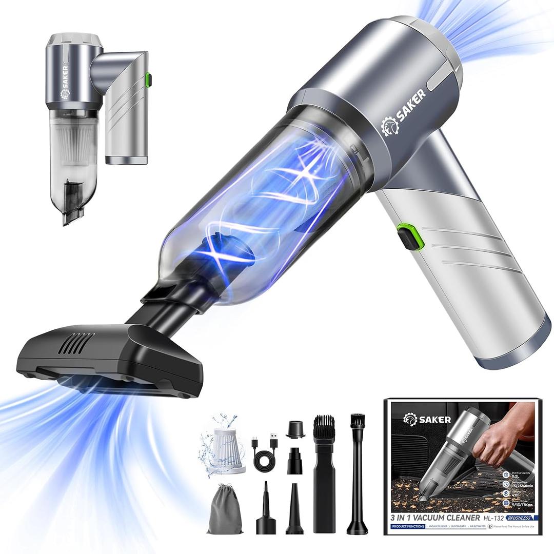 Saker Car Vacuum Cleaner 17000PA Foldable Mini Handheld Vacuums Portable Cordless with Brushless Motor for Gifts, Hair,Cars,Bedrooms,Offices Cleaning HL132 Silver