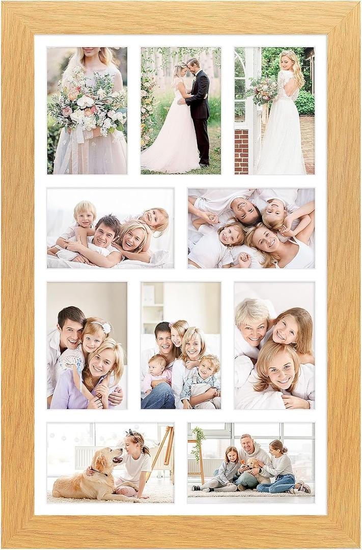 13x21 Picture Frame Display 10 opening 4X6 Picture Frame Collage,Multi Photo Frame with Mat,Plexiglass,Wall Mount Decor,Natural Wood Grain