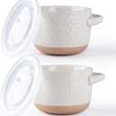 AmorArc 24 Ounces Soup Bowls with Large Handles and Lids, Stoneware Bowls Set of 2 for Soup,Stew, Noodle, Ceramic Kitchen Bowls With Embossed Patterns, Microwave&Dishwasher Safe, Light Beige