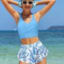 Girls Swimsuits Size 10-12 Girls Bathing Suits Size 10-12 Tropical Print Criss Cross Bikini Set with Ruffle Hem Bathing Suits for Girls 10-12 Two Piece Light Blue