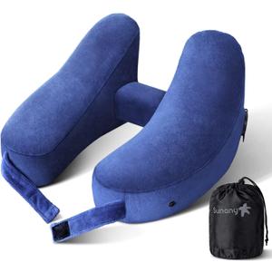 Sunany Neck Pillow for Travel Inflatable Airplane Pillow Comfortably Supports Head, Neck and Chin, Inflatable Travel Pillow with Soft Velour Cover and Portable Drawstring Bag (Blue) (Standard (No Hat))