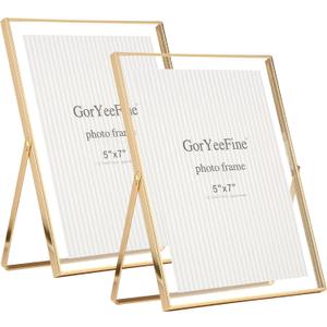 Gold 6x8''Floating Photo Frame Set of 2,For Photo Sizes (3.5x5''4x6''5x7''),Simple Metal beaded floating Picture Frames 5x7'' Gold for Tabletop/Shelf,Classy Gift Choice for Wedding,Thanksgiving
