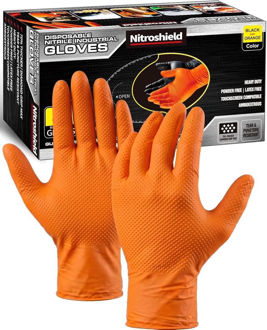 Wcy 9 Mil Heavy Duty Orange Nitrile Gloves,Raised Diamond Texture Grip,Industrial Mechanic Rubber Gloves Disposable Latex Free Chemical Resistant Guantes for Work,Cooking,Food Safe - Large,80Count
